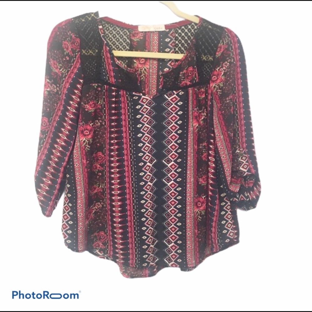 Rewind Maroon & Black 3/4 Sleeve Boho Top, Small
